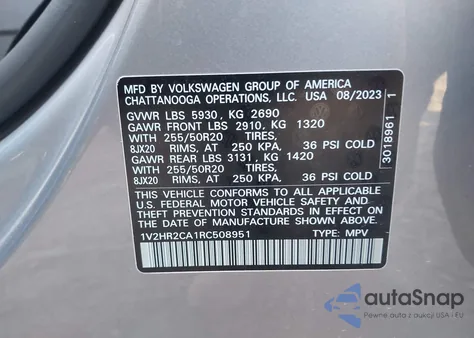 2024 Volkswagen Atlas 2.0T Se W/Technology из США, поврежденный, VIN 1V2HR2CA1RC508951